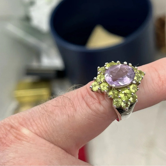 Vintage SETA Sterling Silver Amethyst & Peridot Cluster Ring Size 5 - Picture 10 of 16